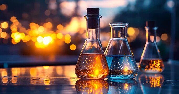 Illuminated Erlenmeyer flasks filled with sparkling liquid on a reflective surface at sunset.