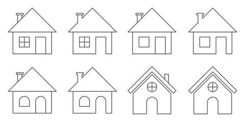 home icon set for websites and apps. Simple house symbol. Flat real estate sign. Main page pictogram in filled, thin line, outline and stroke style. Houses, home, linear icons. Line with editable. 