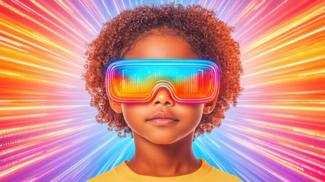 Futuristic neon child portrait with goggles. Virtual digital imagination with colorful technology. Young girl, vibrant face, glowing colors, abstract background, spectrum light, modern style,
