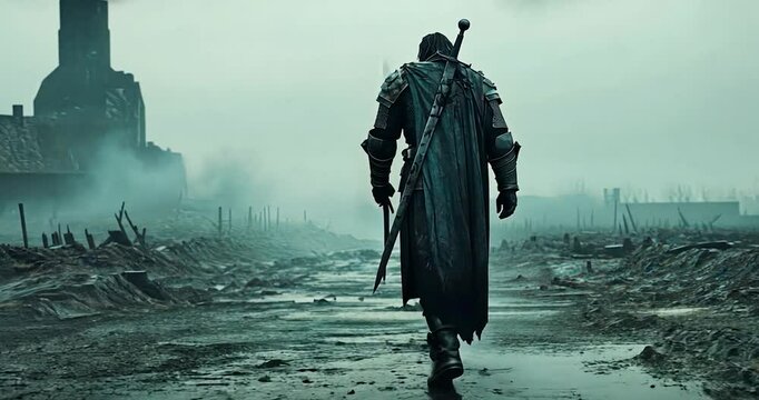 A lone knight walks away from a ruined castle and battlefield after a war, leaving a trail of footprints in the mud.