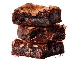 Stack of moist chocolate brownies with crispy top crust isolated on transparent background