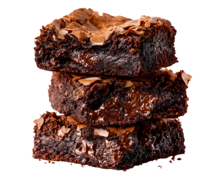 Stack of moist chocolate brownies with crispy top crust isolated on transparent background