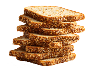 Assorted multigrain bread slices stacked in tower isolated on transparent background