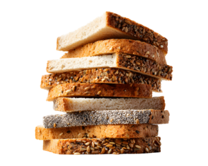 Assorted multigrain bread slices stacked in tower isolated on transparent background