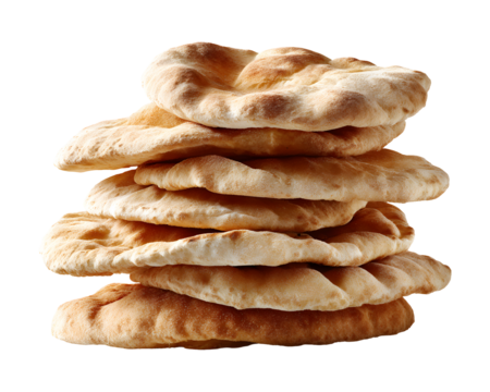 Stack of traditional pita bread rounds freshly baked and isolated on transparent background
