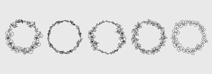 Collection of 5 Floral and Leaves Wreath Lineart Illustration