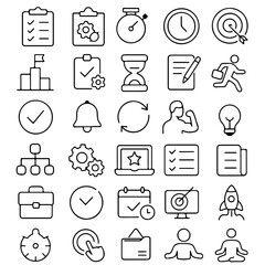 A collection of line icons related to project management, time management, and business processes.