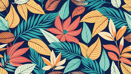 Fototapeta premium Vibrant tropical leaf and flower pattern design