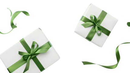 Two white gift boxes with green ribbons appearing as if floating set on a white background