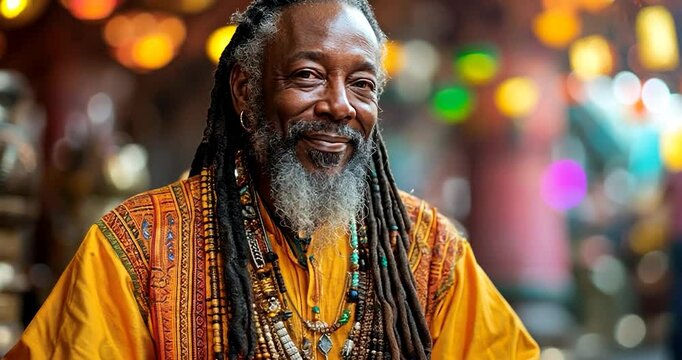 Smiling man with dreadlocks wearing ornate yellow clothing and jewelry, sits playing a drum.