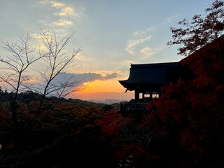 Silhouette pavilion of the Kiyomizu-dera temple in evening sunset sky background