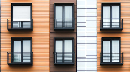 Fototapeta premium Modern apartment facade with clean lines, bathed in natural light, set in a minimalist urban environment. Simplicity and elegance in contemporary