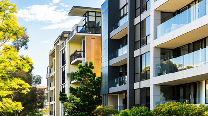 Modern apartment facade with clean lines, bathed in natural light, set in a minimalist urban environment. Simplicity and elegance in contemporary a
