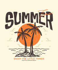 Summer time with palm trees hand drawn illustration, ready for print on paper poster, t-shirt and other uses.