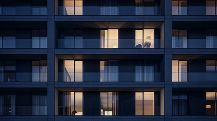 Obraz premium Modern apartment facade with clean lines, bathed in natural light, set in a minimalist urban environment. Simplicity and elegance in contemporary a
