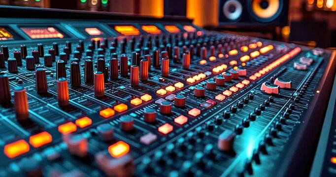 Close-up of an illuminated audio mixing console with numerous knobs and buttons.