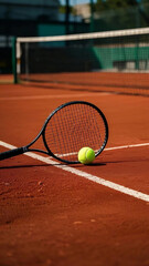 Close-Up of Tennis Ball and Racket on Red Clay or Hard Court, Realistic Photo