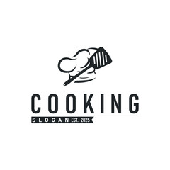 elegant silhouette concept design of cooking logo with chef hat icon, and equipment silhouette symbol for restaurant, bar, cafe, catering business template illustration for poster