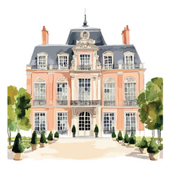 Naklejka premium PeachColored French Chateau with Ornate Details and Lush Greenery