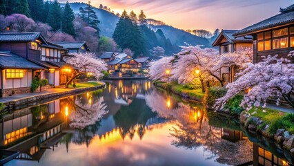 Obraz premium Serene Japanese Village at Dawn: Cherry Blossoms Frame Tranquil Canal Reflecting Houses and Hillside