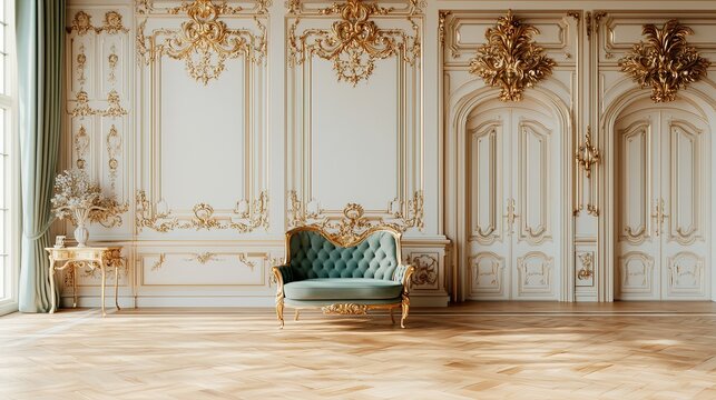Elegant, ornate room with gilded moldings, a vintage green sofa, and intricate wall details, exuding luxury and classical sophistication.