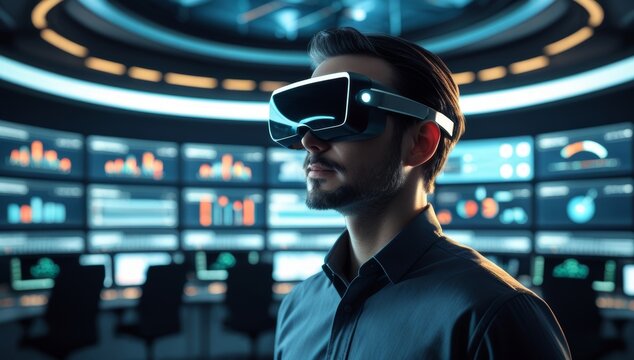 Man wearing virtual reality headset in a futuristic control center environment