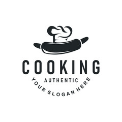 elegant silhouette concept design of cooking logo with chef hat icon, and equipment silhouette symbol for restaurant, bar, cafe, catering business template illustration for poster