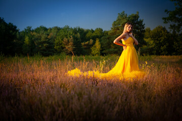 Obraz premium A stunning and graceful model dressed in a flowing yellow gown stands proudly amidst a tranquil wildflower field