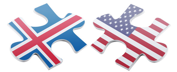 Two puzzle pieces depicting the flags of Iceland and the United States facing each other symbolize partnership, cooperation, and unity between these two countries.