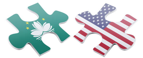 Two puzzle pieces, one displaying the flag of Macao in teal with a white lotus and stars, the other showcasing the American flag, symbolize a potential connection.