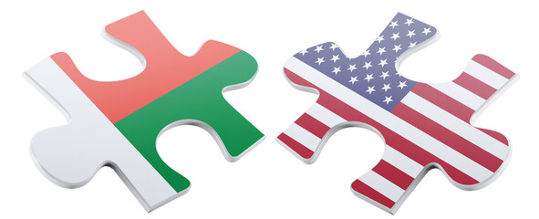 Two jigsaw puzzle pieces, one representing the flag of Madagascar and the other representing the flag of United States of America, seemingly ready to fit together.