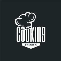 elegant silhouette concept design of cooking logo with chef hat icon, and equipment silhouette symbol for restaurant, bar, cafe, catering business template illustration for poster