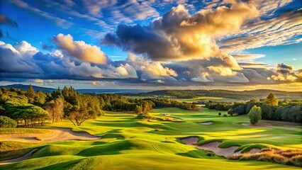 Obraz premium Majestic Sunrise over Rolling Green Golf Course A Stunning Landscape Photography