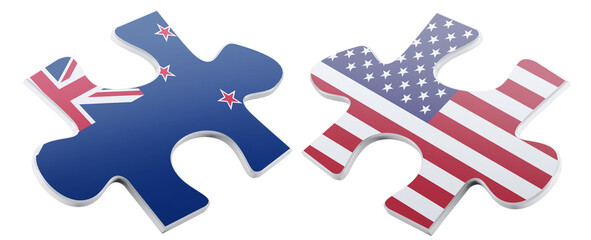 Two puzzle pieces, one showing the New Zealand flag and the other the United States flag, are about to connect together, representing diplomacy and the potential for unity.