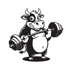 Cartoon cow with big smile lifting heavy barbell in strongman pose, showcasing power, humor, and fitness in playful black and white style.