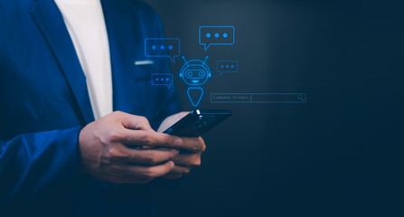 Businessman uses a smartphone to type a Command Prompt, communicating with an AI Chatbot. Robot icon and message boxes on a virtual screen. Concept of artificial intelligence, Generative AI, automated