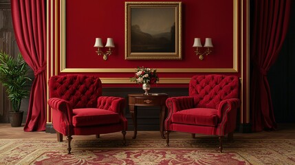 Elegant living room with two red velvet armchairs, gold accents, rich curtains, a floral arrangement, and classic wall art in a luxurious setting.
