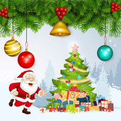 Santa Claus with Christmas Tree, Gifts, and Festive Ornaments
