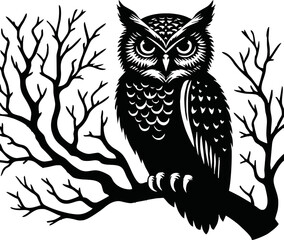 silhouette owl sitting on bare tree branch vector style on white background