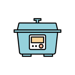 青色の電気鍋を描いたベクターアイコン。白背景で使いやすい調理家電のシンプルでかわいいイラスト。スロークッカーや自炊に使える家庭用調理器具素材｜電気鍋,調理家電,スロークッカー,家庭用,キッチン