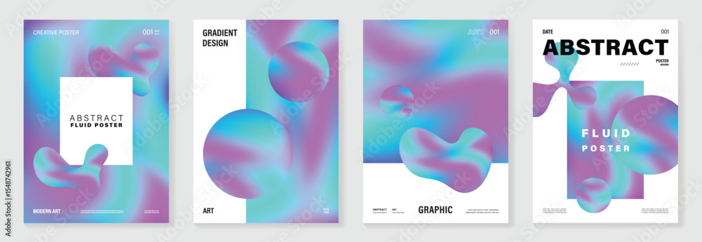 Poster modern gradient liquid glass poster background vector set.cover template with perspective geometric 