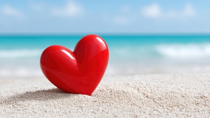 Red heart on sandy beach with ocean in background, symbolizing love and tranquility.