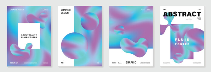 Naklejka na ściany i meble Modern gradient liquid glass poster background vector set.Cover template with perspective geometric prism shape. Ideal design for social media, cover, banner, wallpaper, promotion, ads.