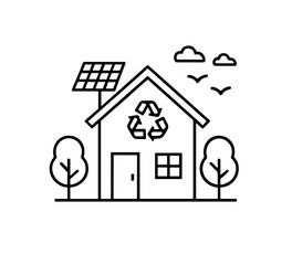 Line drawing of a house with solar panel, recycle symbol, trees, and birds in the sky above it all