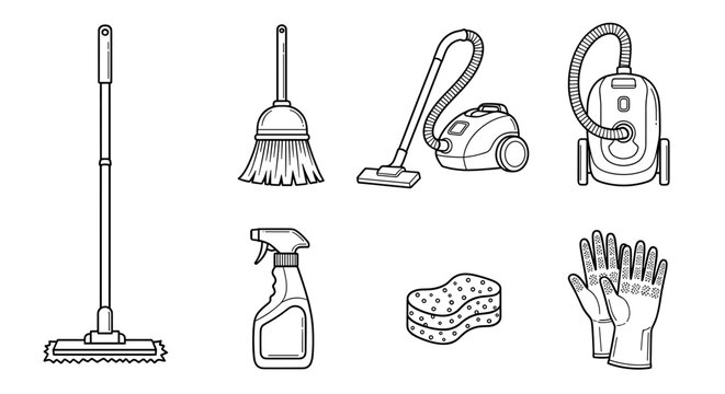 Illustration showcasing a collection of cleaning tools and supplies in a detailed line drawing style