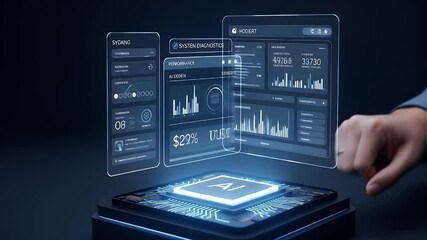 Holographic data interface displays over a circuit board with an AI chip - Powered by Adobe