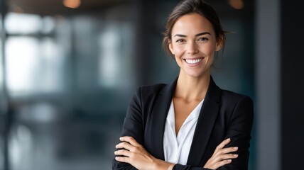 Smiling businesswoman in a modern office, dressed in a blazer, exuding confidence and professionalism.