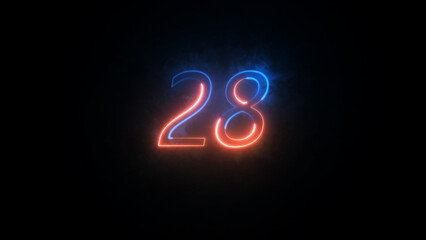Neon countdown number background illustration 4k. Number 28 on dark background. 3D illustration