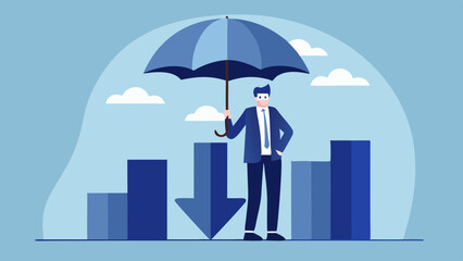 Businessman with Umbrella Protecting from Market Downturn and Financial Risk