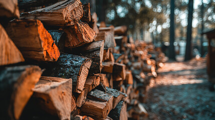 Stacked chopped firewood with rustic texture, conveying natural simplicity and warmth.